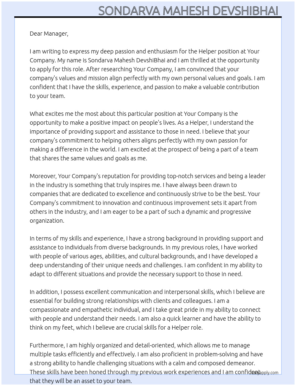 Helper At Your company Cover Letter
