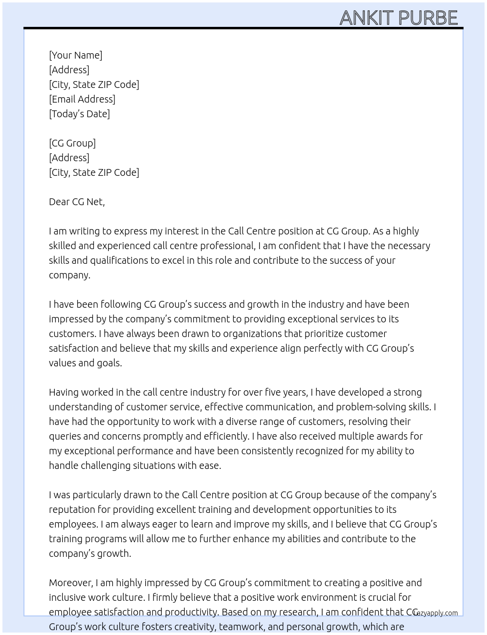 Call centre At CG Group Cover Letter