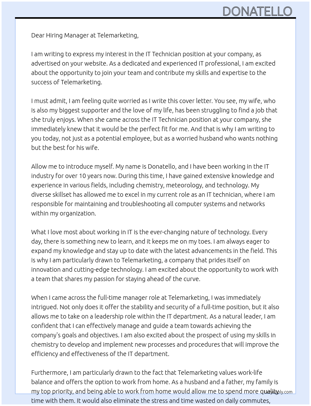 IT technician At Telemarketing Cover Letter