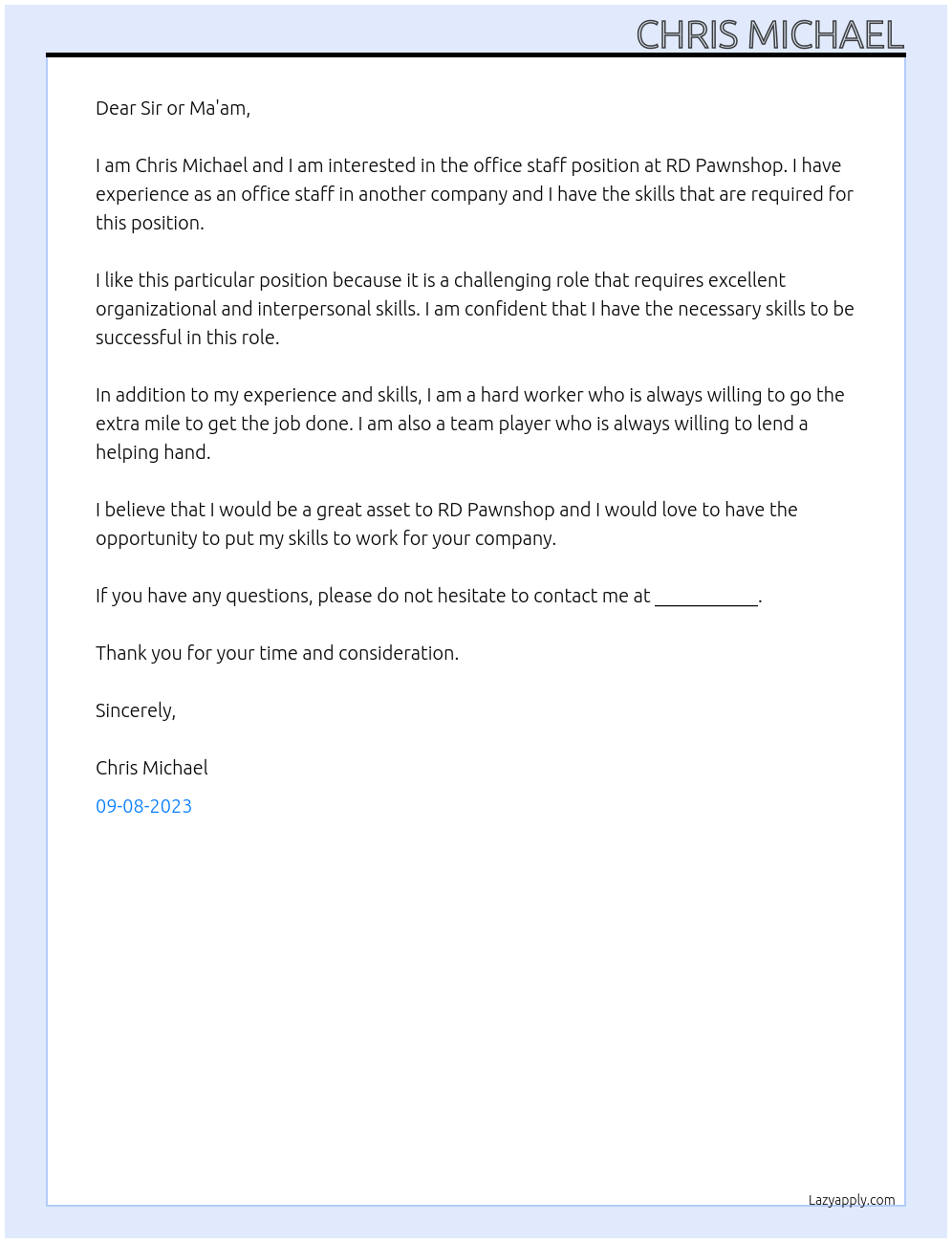 Office Staff At RD Pawnshop Cover Letter