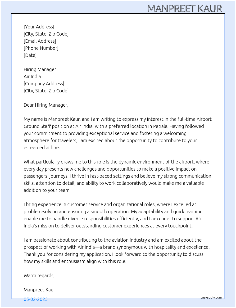 Airport ground staff At Air india Cover Letter