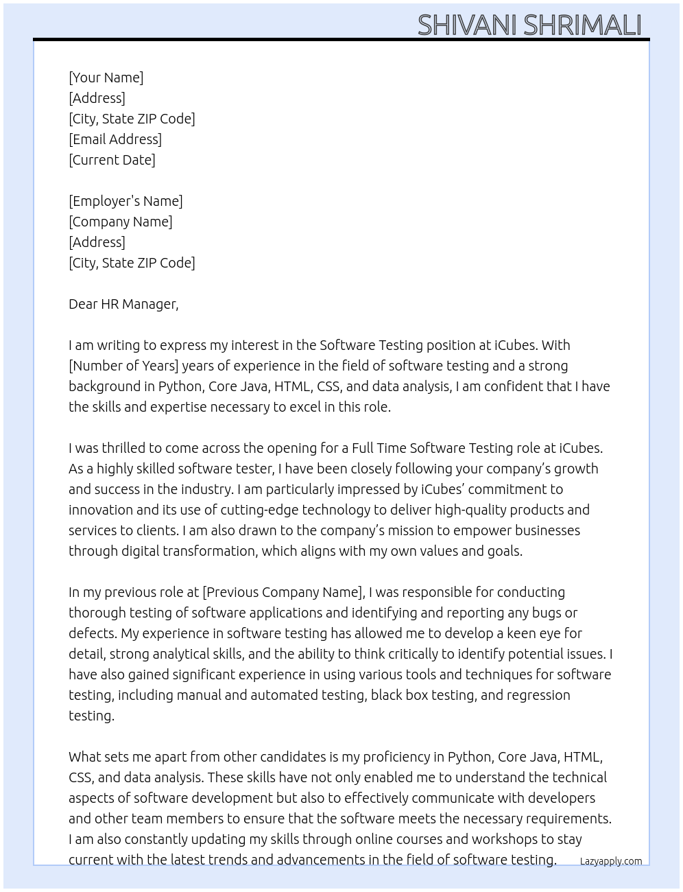 software testing At icubes Cover Letter