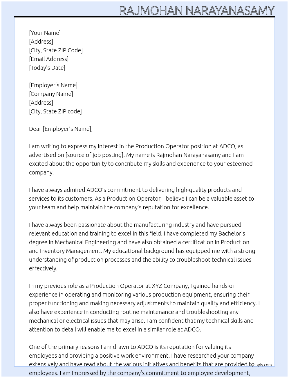 Production operator At ADCO Cover Letter
