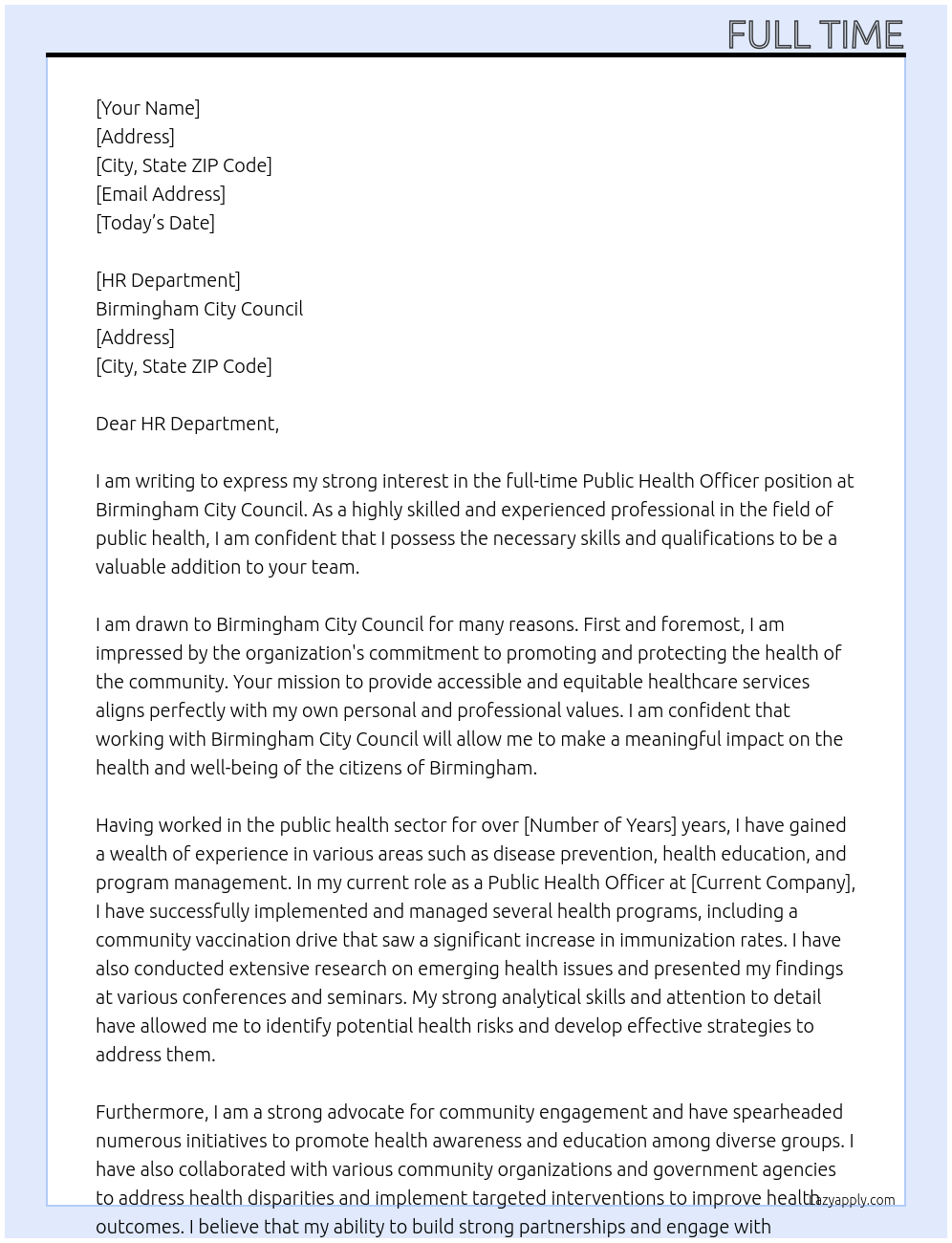 public health officer At Birmingham city council Cover Letter