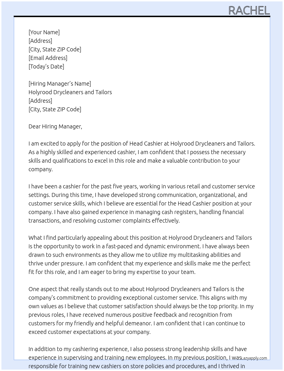 Head Cashier At Holyrood Drycleaners and Tailors Cover Letter