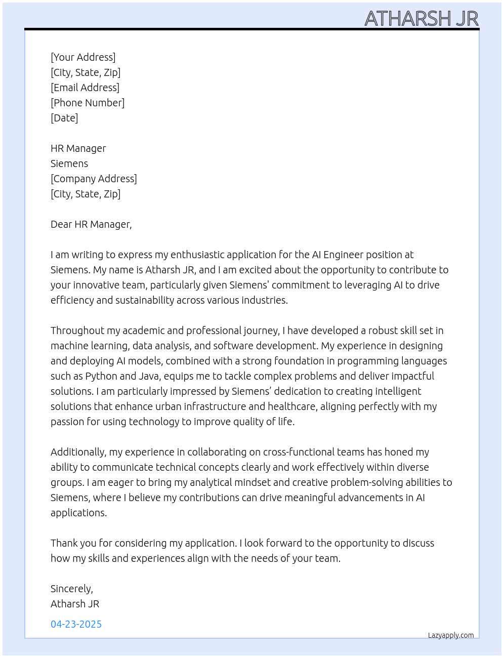 Ai engineer At siemens Cover Letter