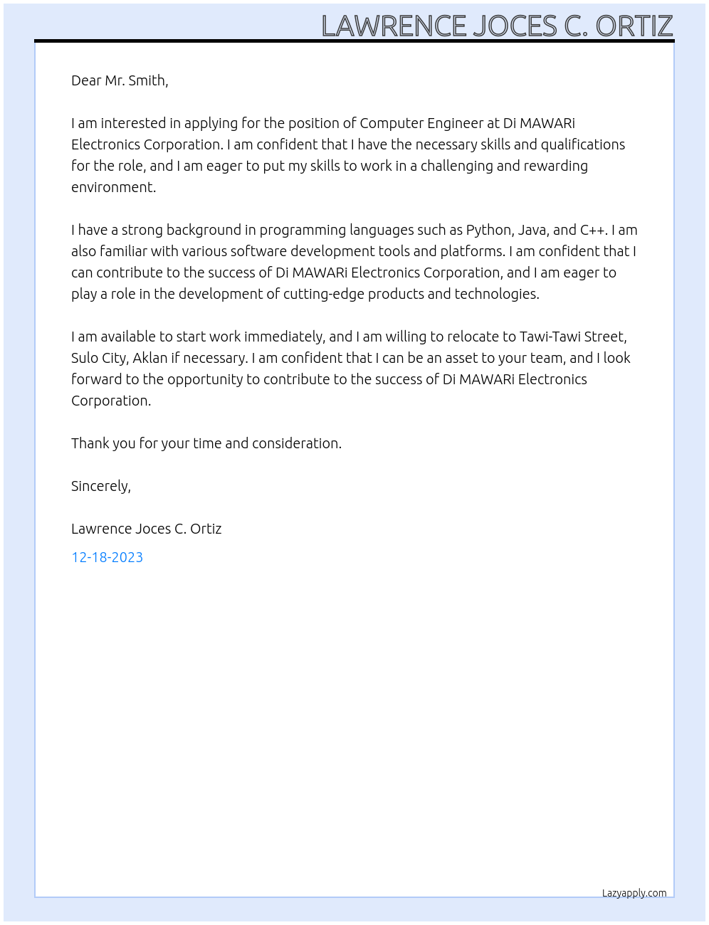 Computer Engineer At Di MAWARi Electronics Corporation Cover Letter