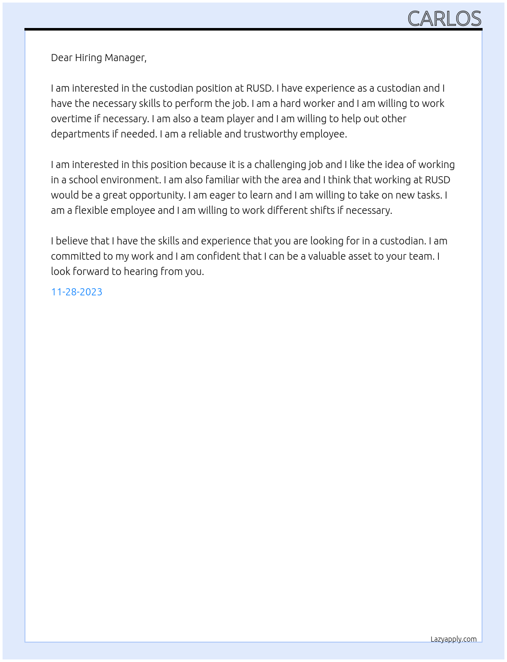 custodian At RUSD Cover Letter