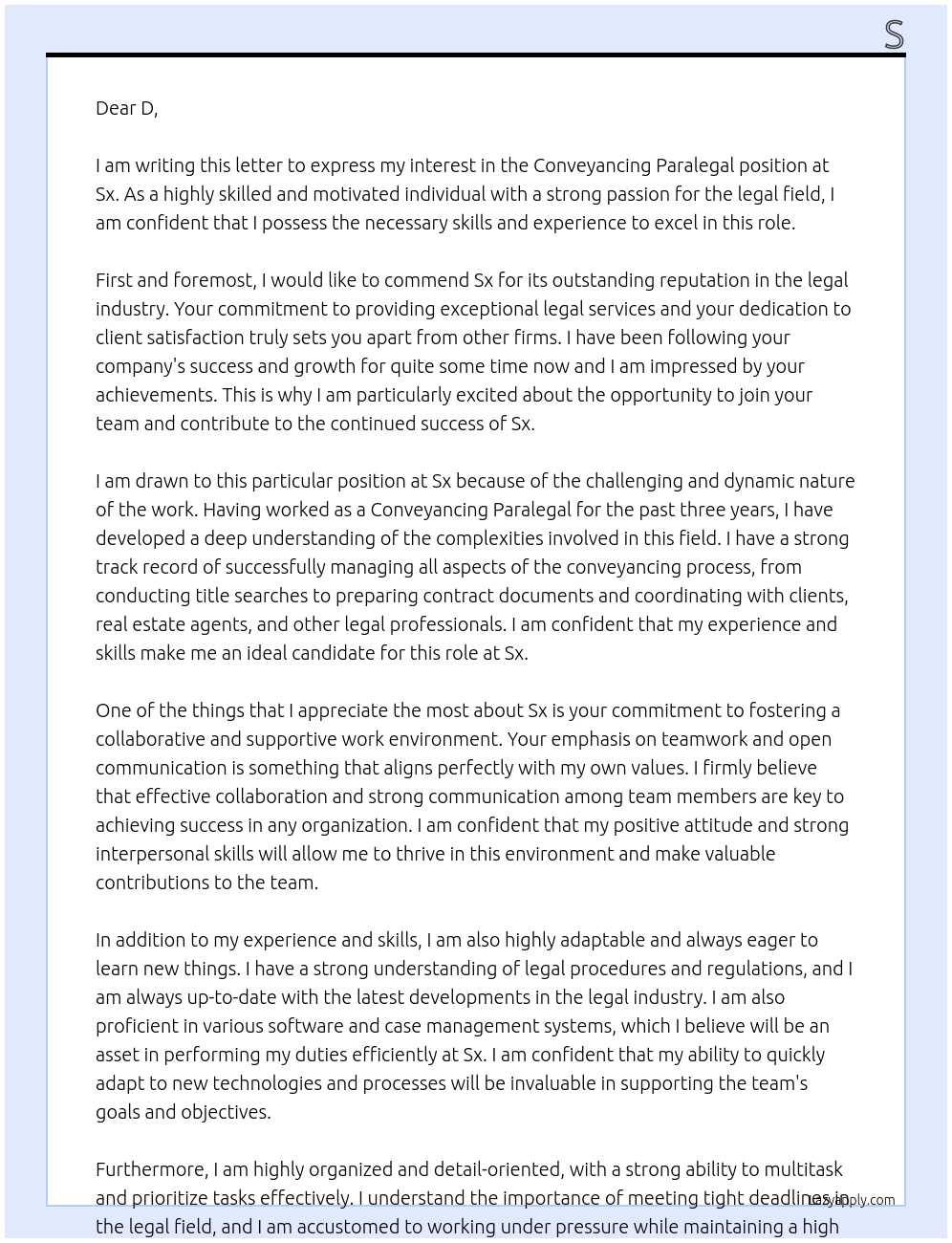 Conveyancing paralegal At Sx Cover Letter