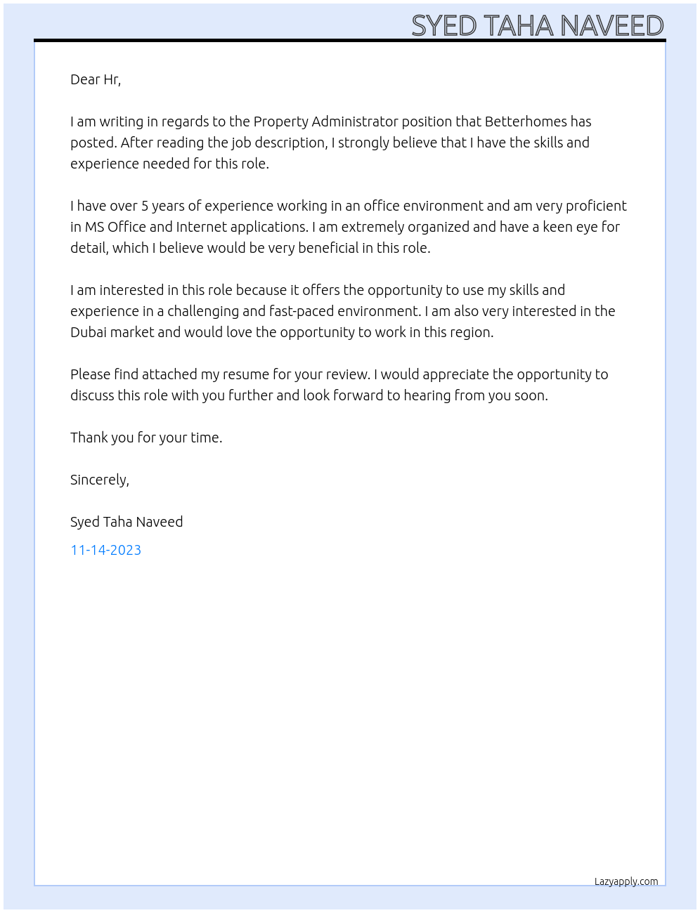 Property Administrator At Betterhomes Cover Letter