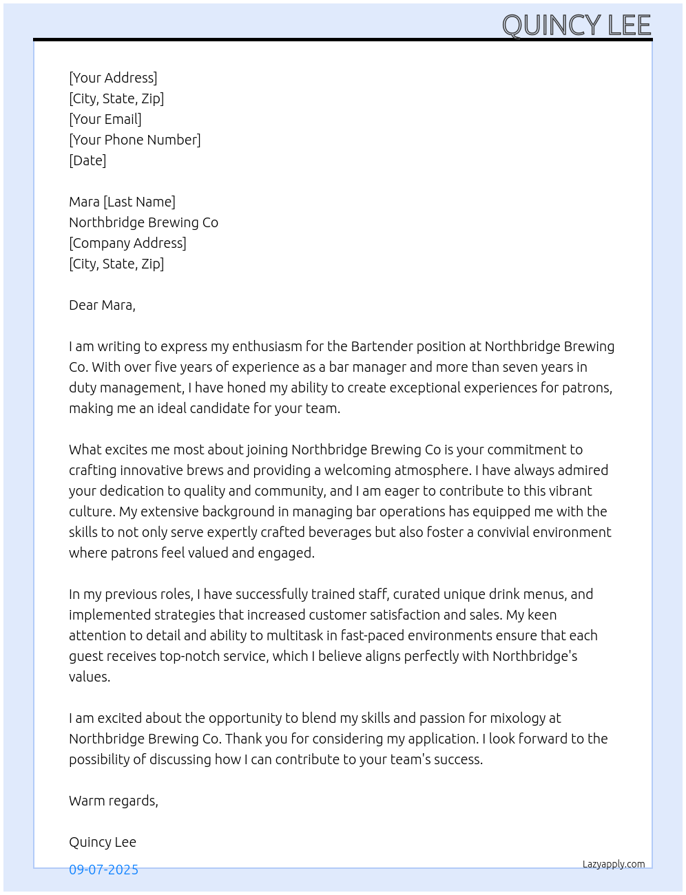 Bartender At Northbridge Brewing Co Cover Letter