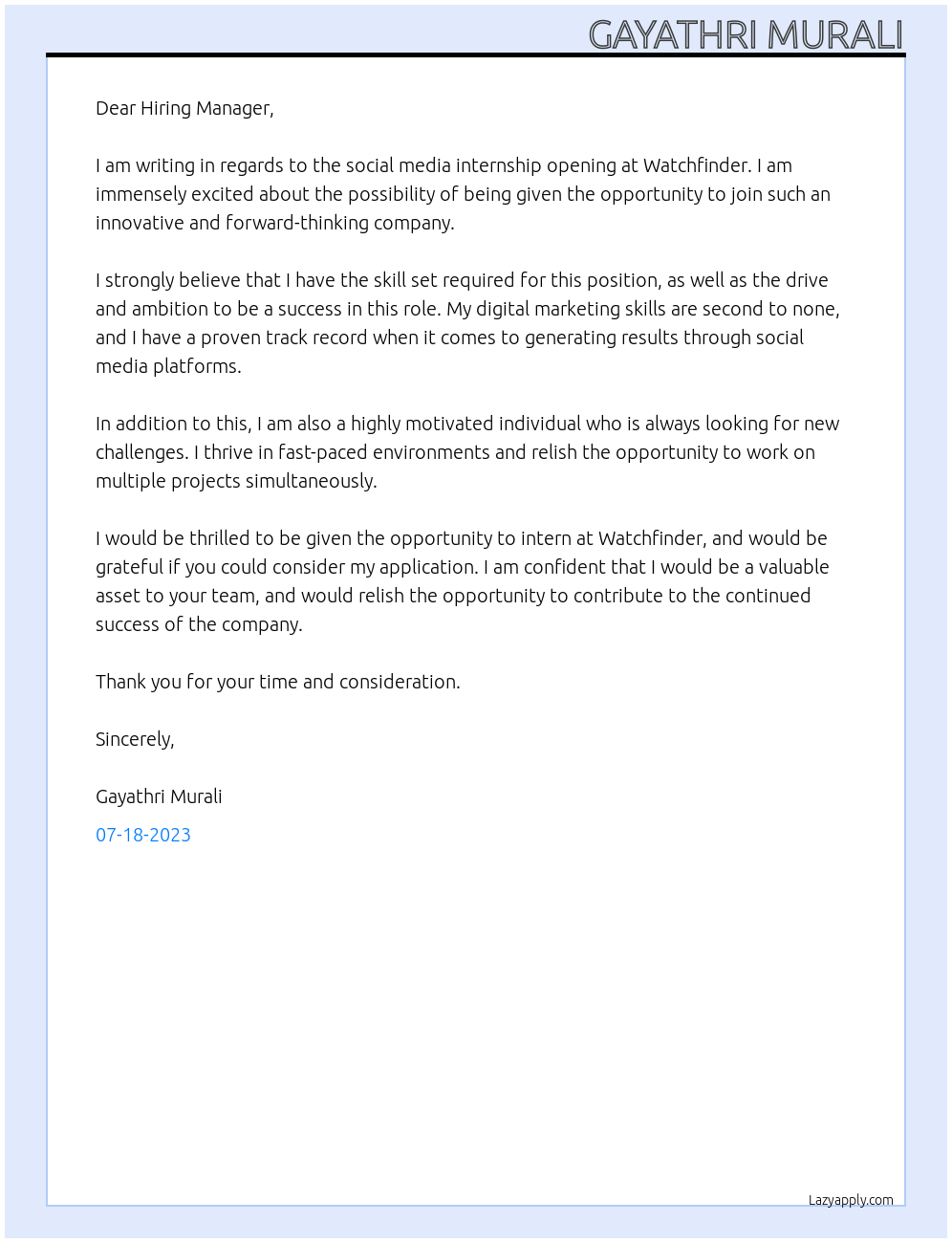 social media internship At watchfinder Cover Letter