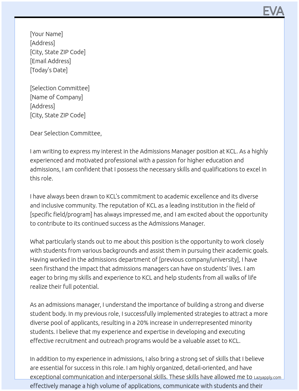 Admissions Manager At KCL Cover Letter