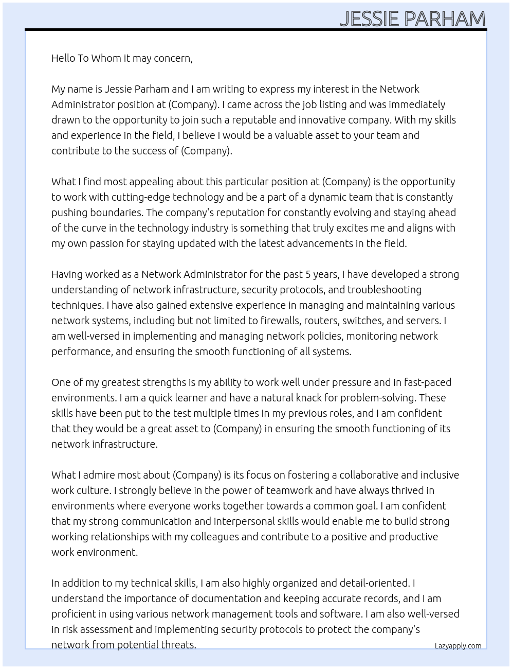 Network Administrator At (Conpany) Cover Letter