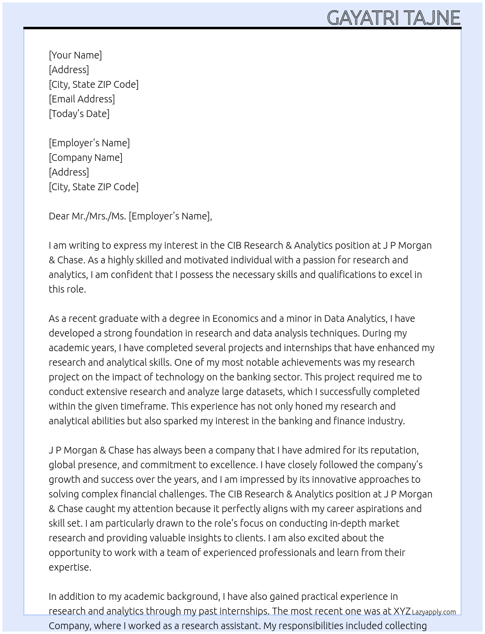 CIB Research & Analytics At J P Morgan & Chase Cover Letter