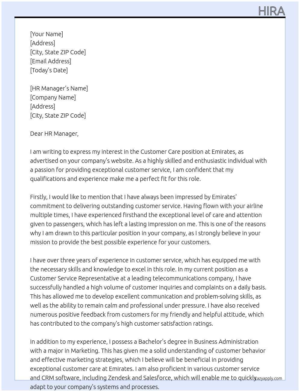 CUSTOMER CARE At EMIRATES Cover Letter