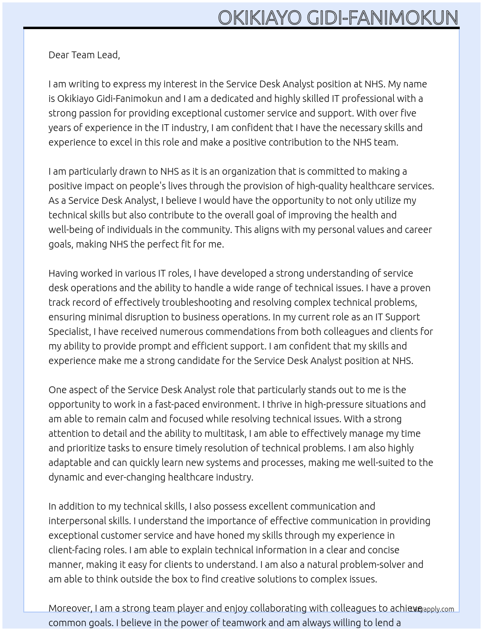 Service desk Analyst At NHS Cover Letter