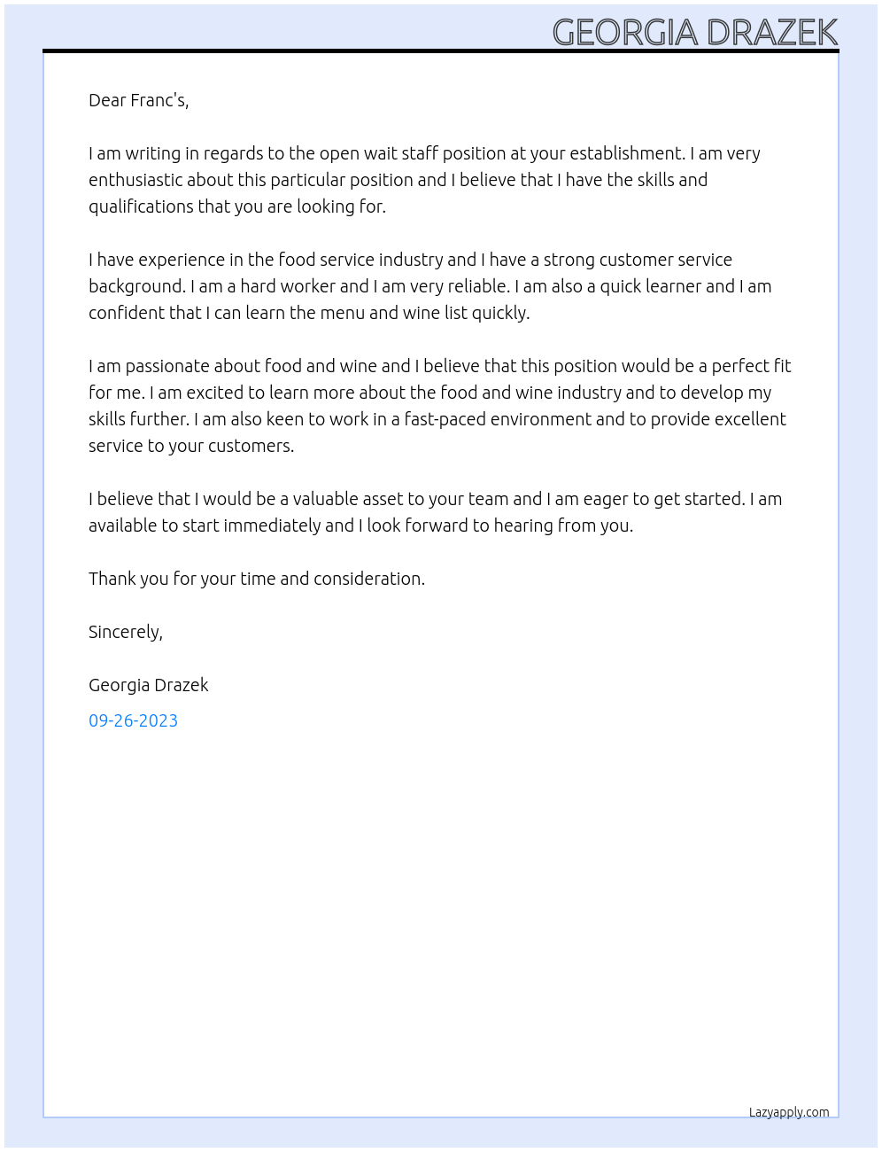 Wait Staff At Franc's Cover Letter