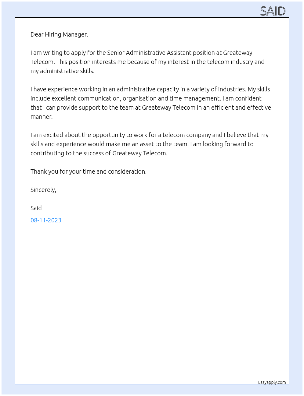 Senior Administrative Assistant At Greateway Telecom Cover Letter