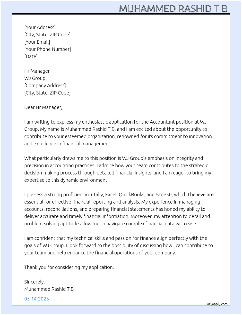 Accountant  At WJ Group  Cover Letter