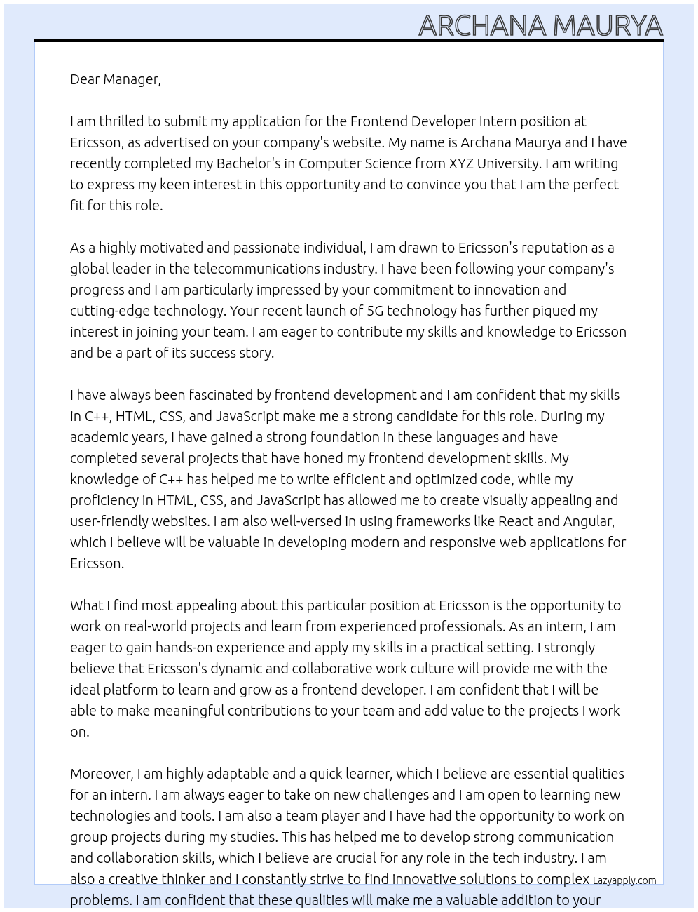 Frontend Developer Intern At Ericsson Cover Letter