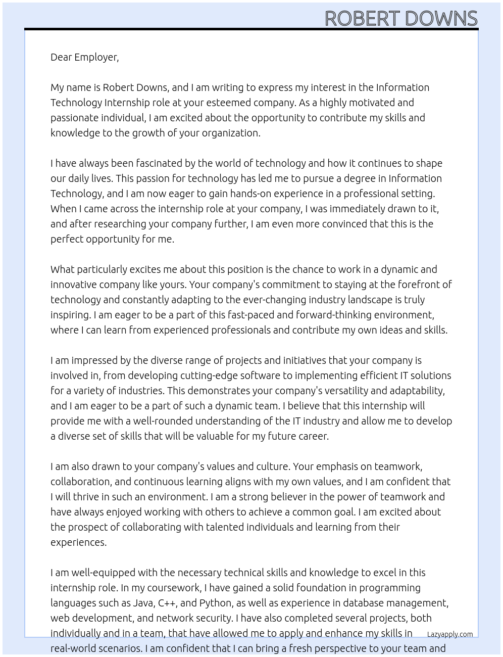 Information Technology At Employer Cover Letter