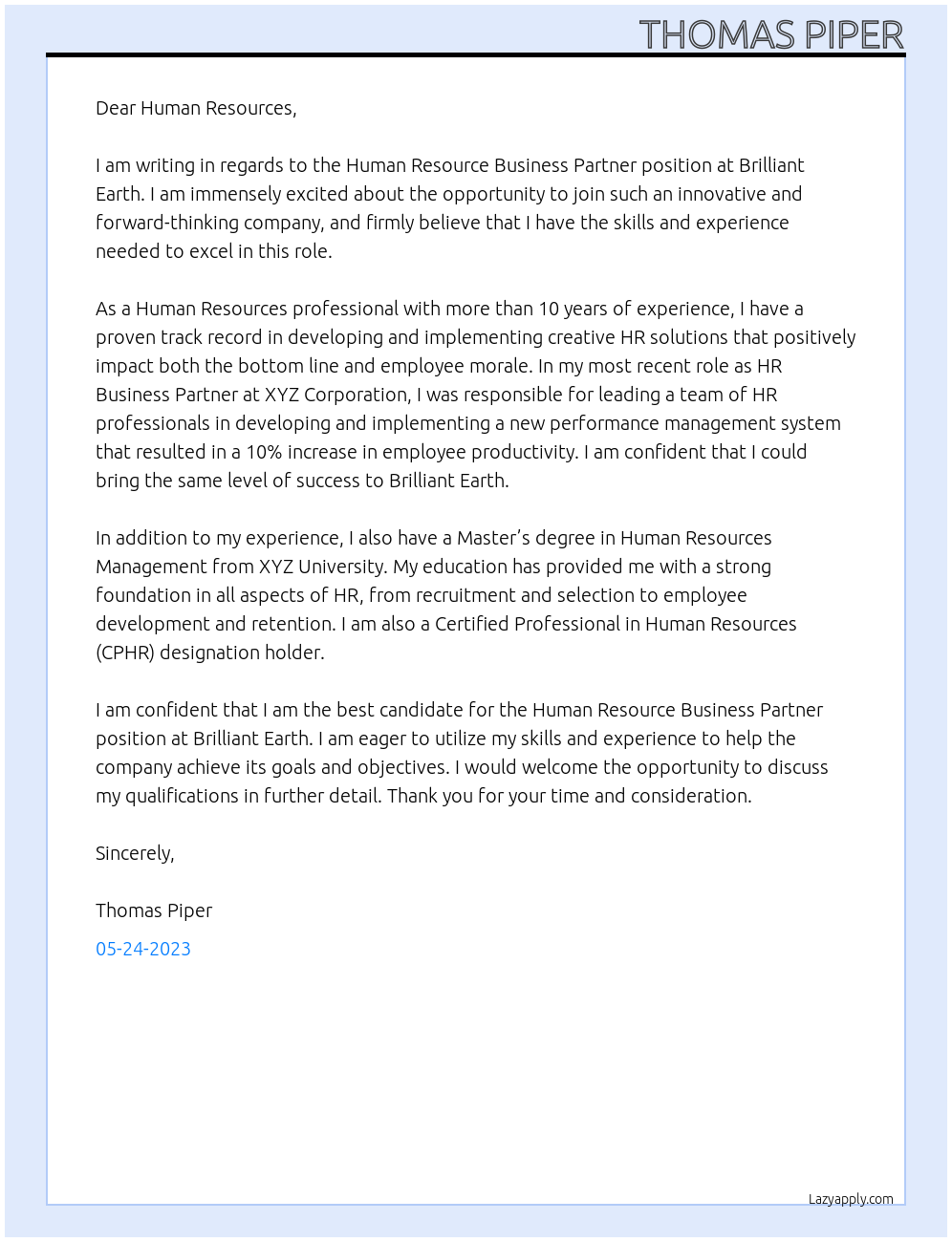 Human Resource Business Partner At Brilliant Earth Cover Letter