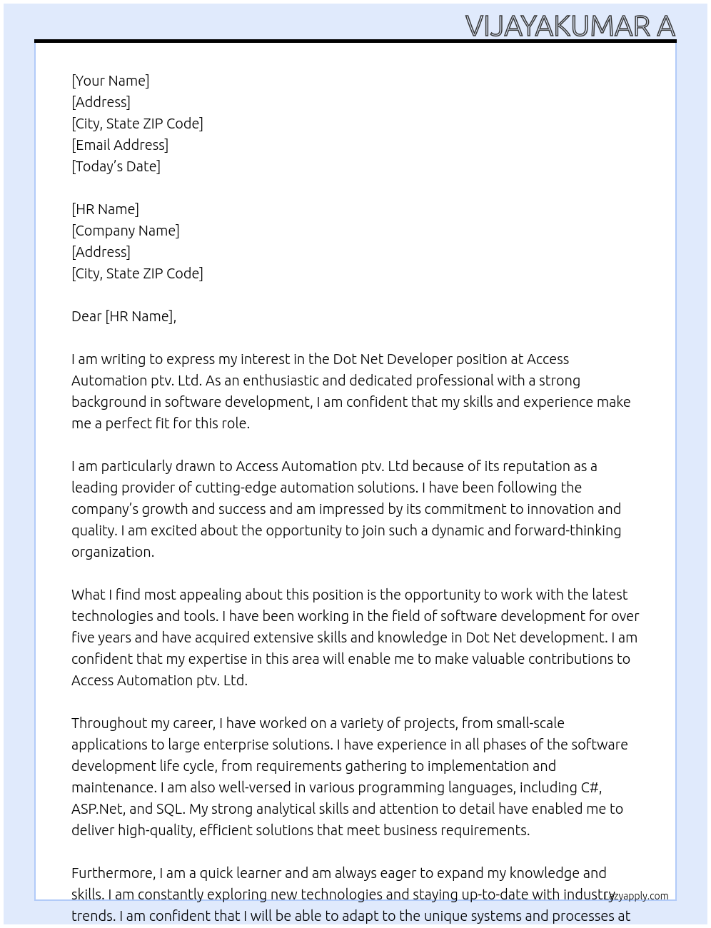 Dot net developer At Access Automation ptv .ltd Cover Letter