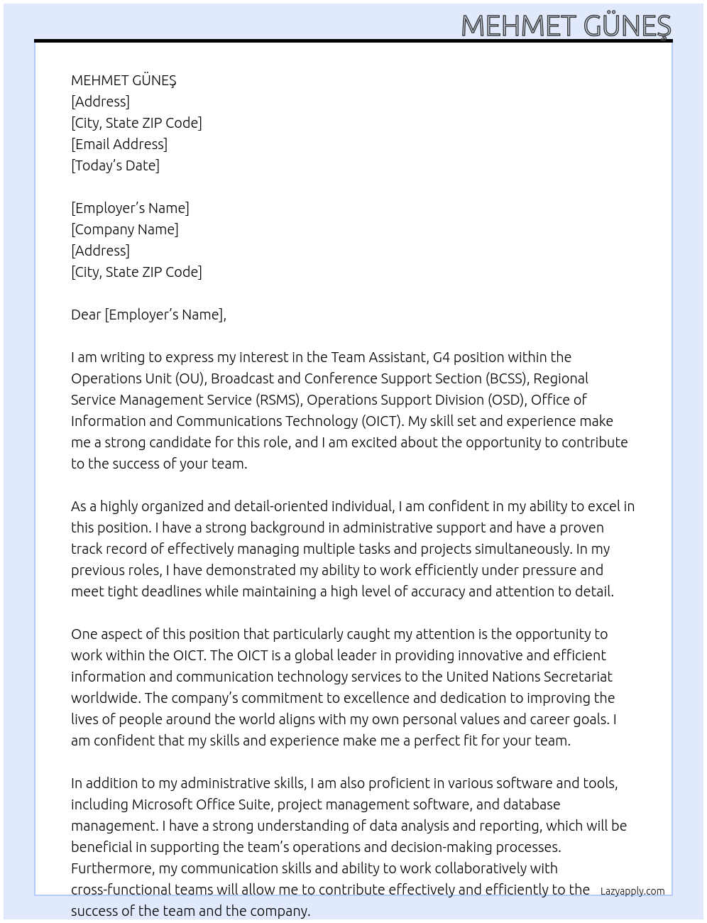 Cover letter for team assistant, g4 - LazyApply
