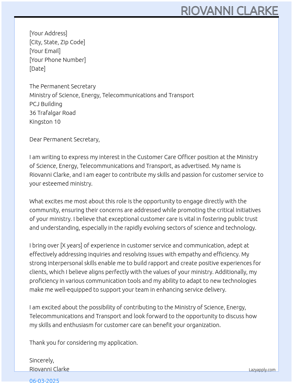 Cover letter for customer care officer - LazyApply