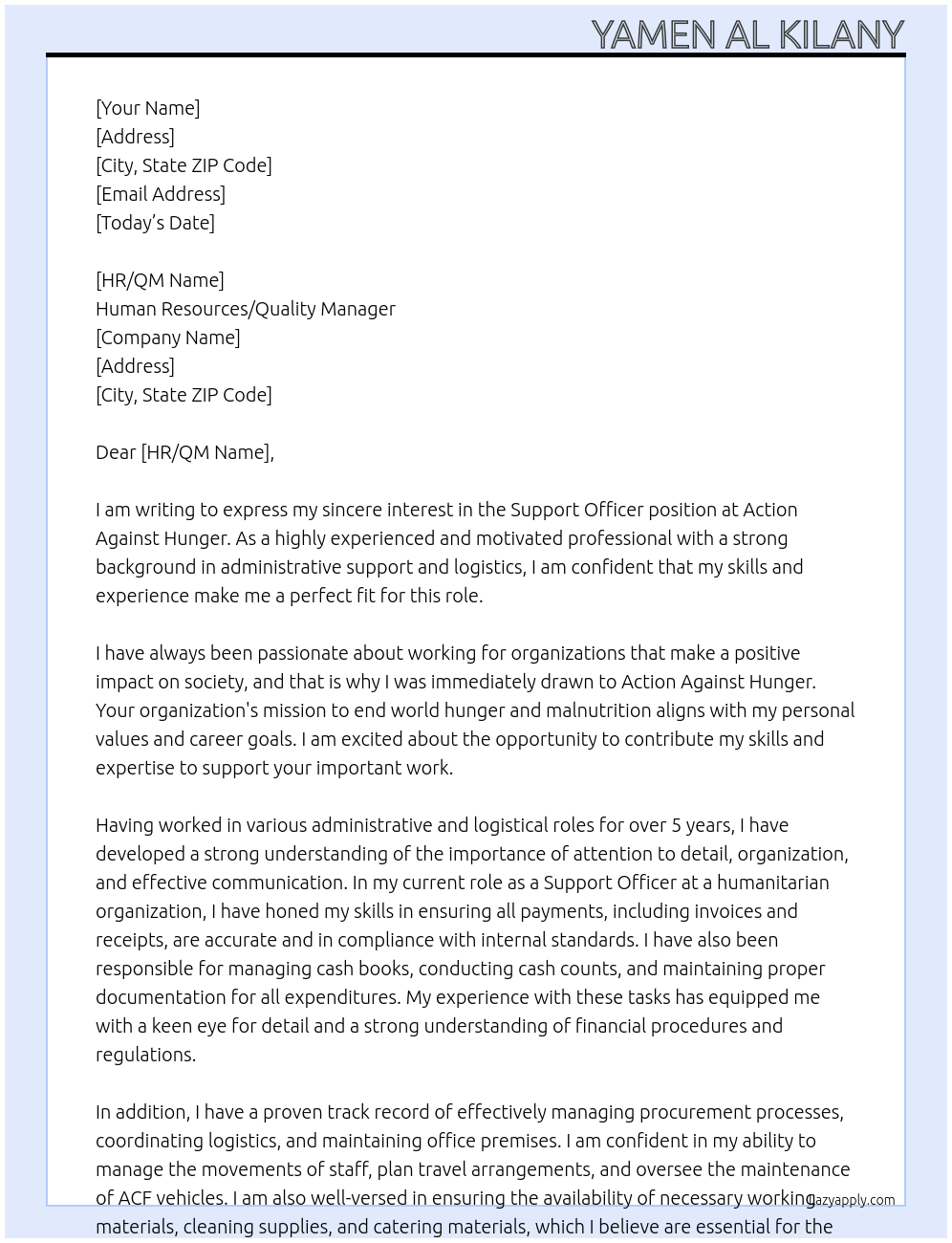 Support Officer At Action Against Hunger Cover Letter