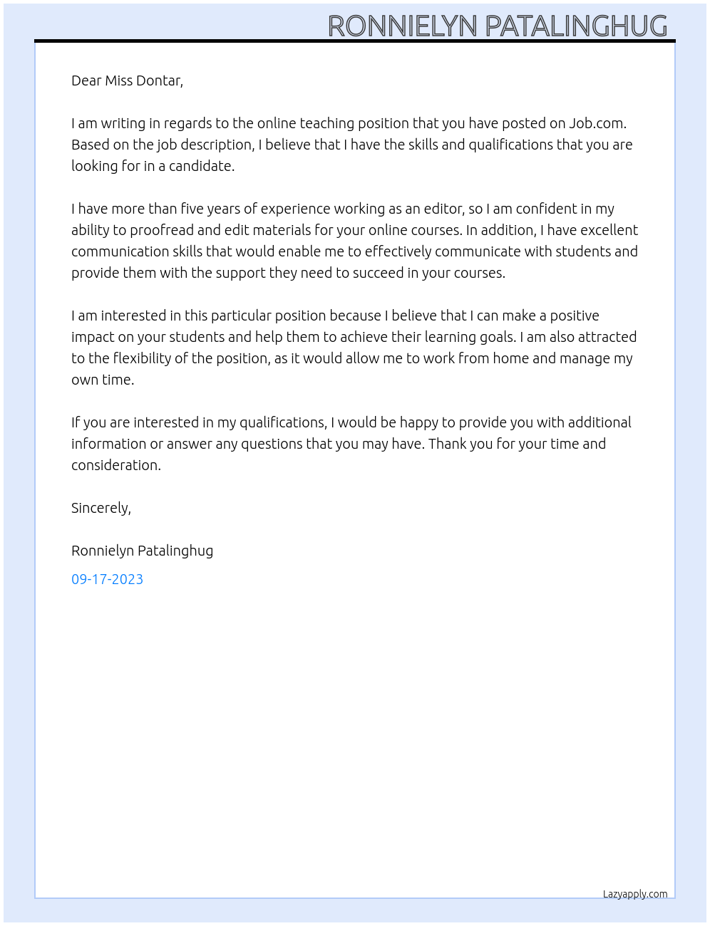 Online teacher  At Job  Cover Letter