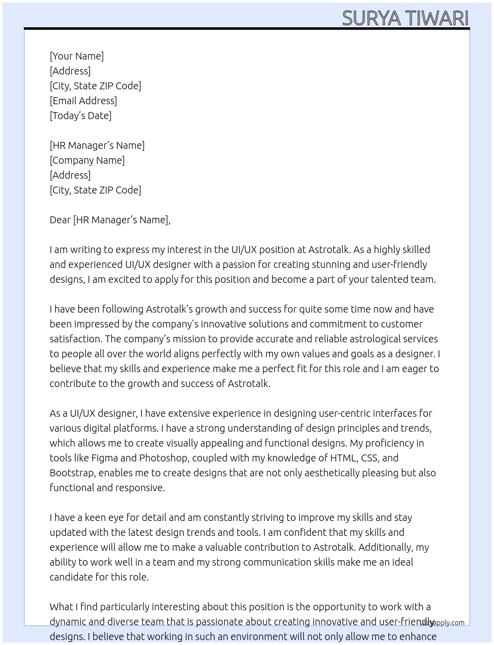 uiux At astrotalk Cover Letter