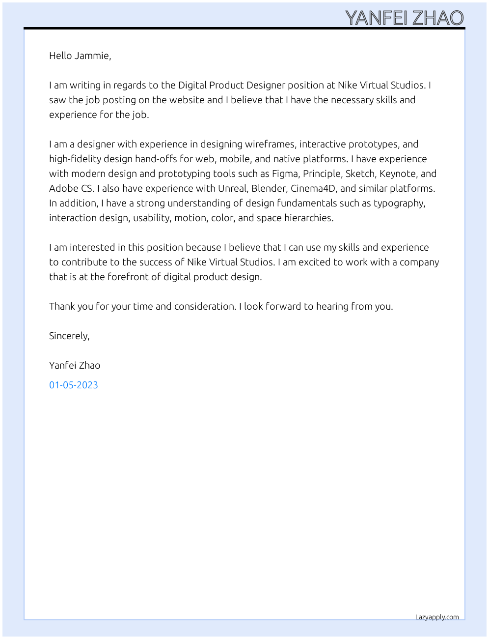 Digital Product Designer At Nike Virtual Studios Cover Letter