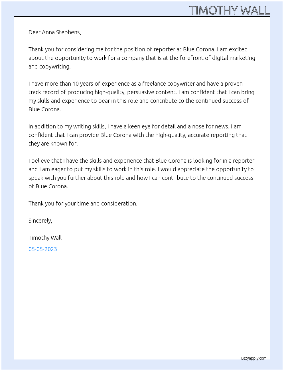 reporter At Blue Corona Cover Letter