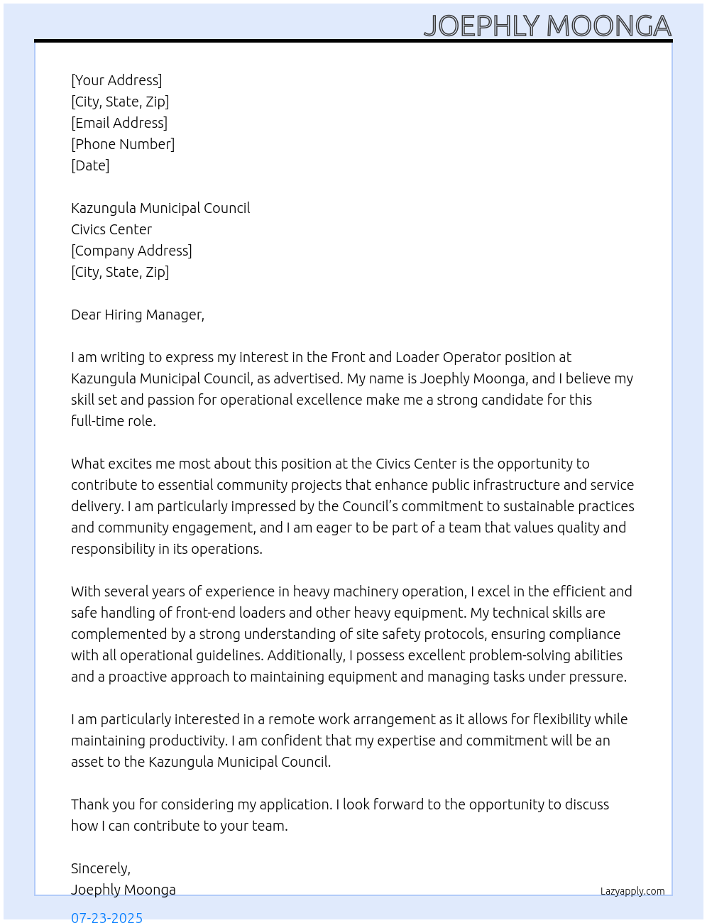 Front and loader operator  At Civics center  Cover Letter