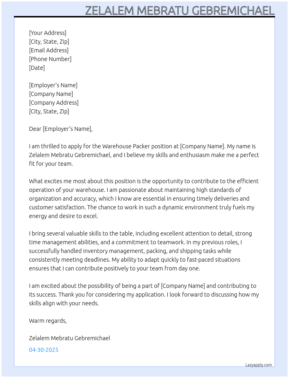 warehouse packer  At company  Cover Letter