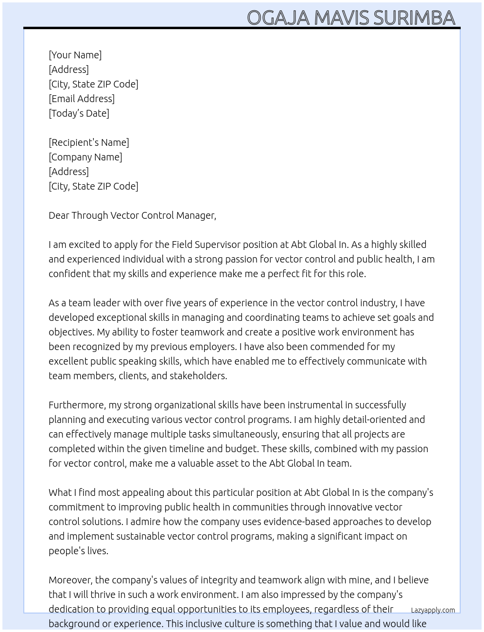 Field Supervisor  At Abt Global In Cover Letter