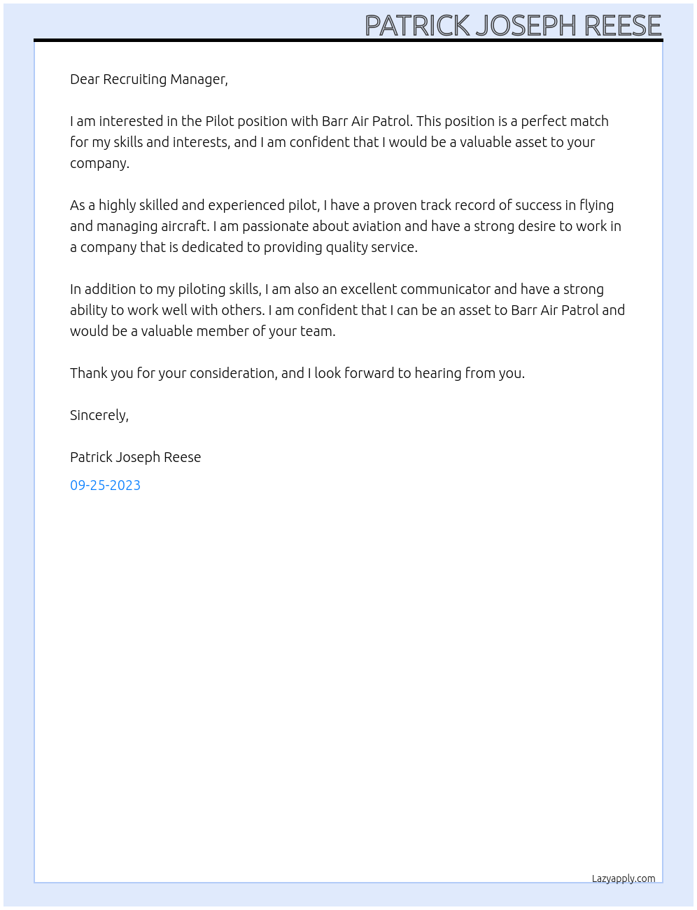 Pilot At Barr Air Patrol Cover Letter