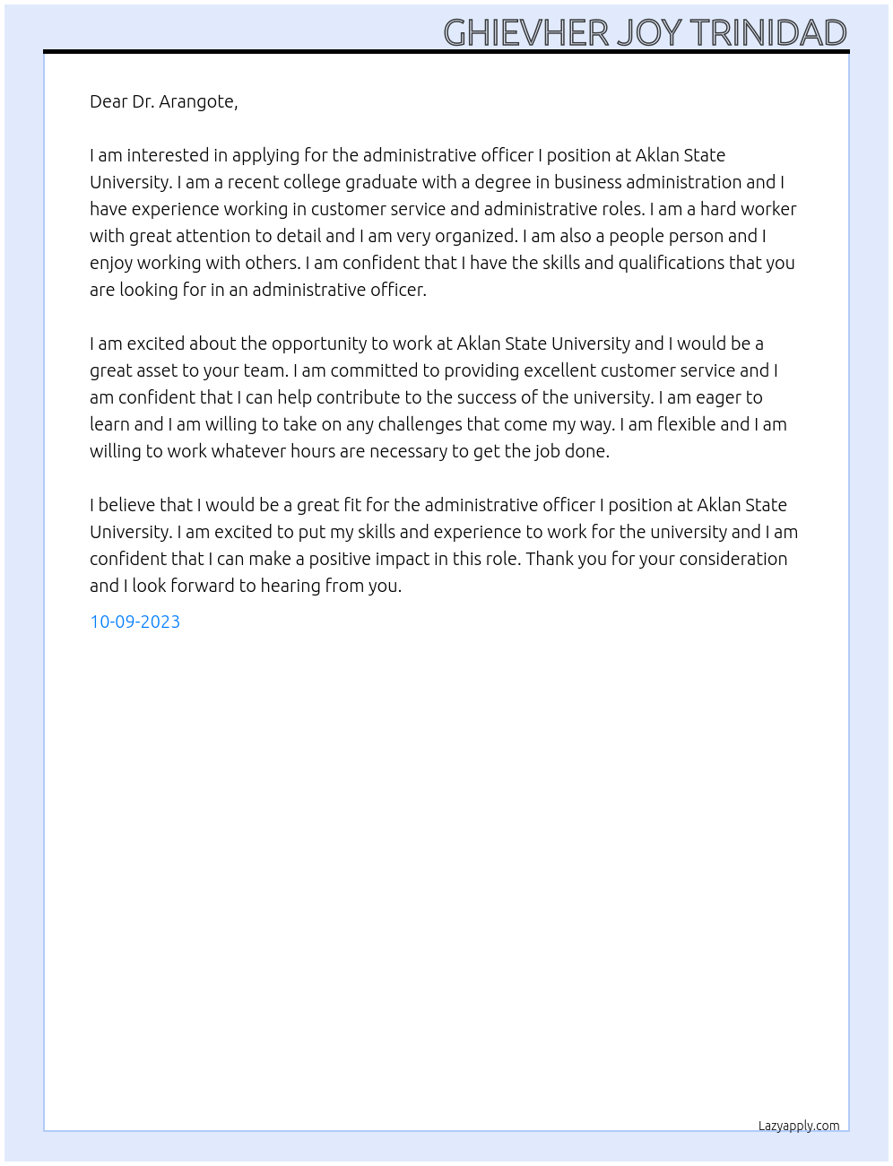 administrative officer I At Aklan State University Cover Letter