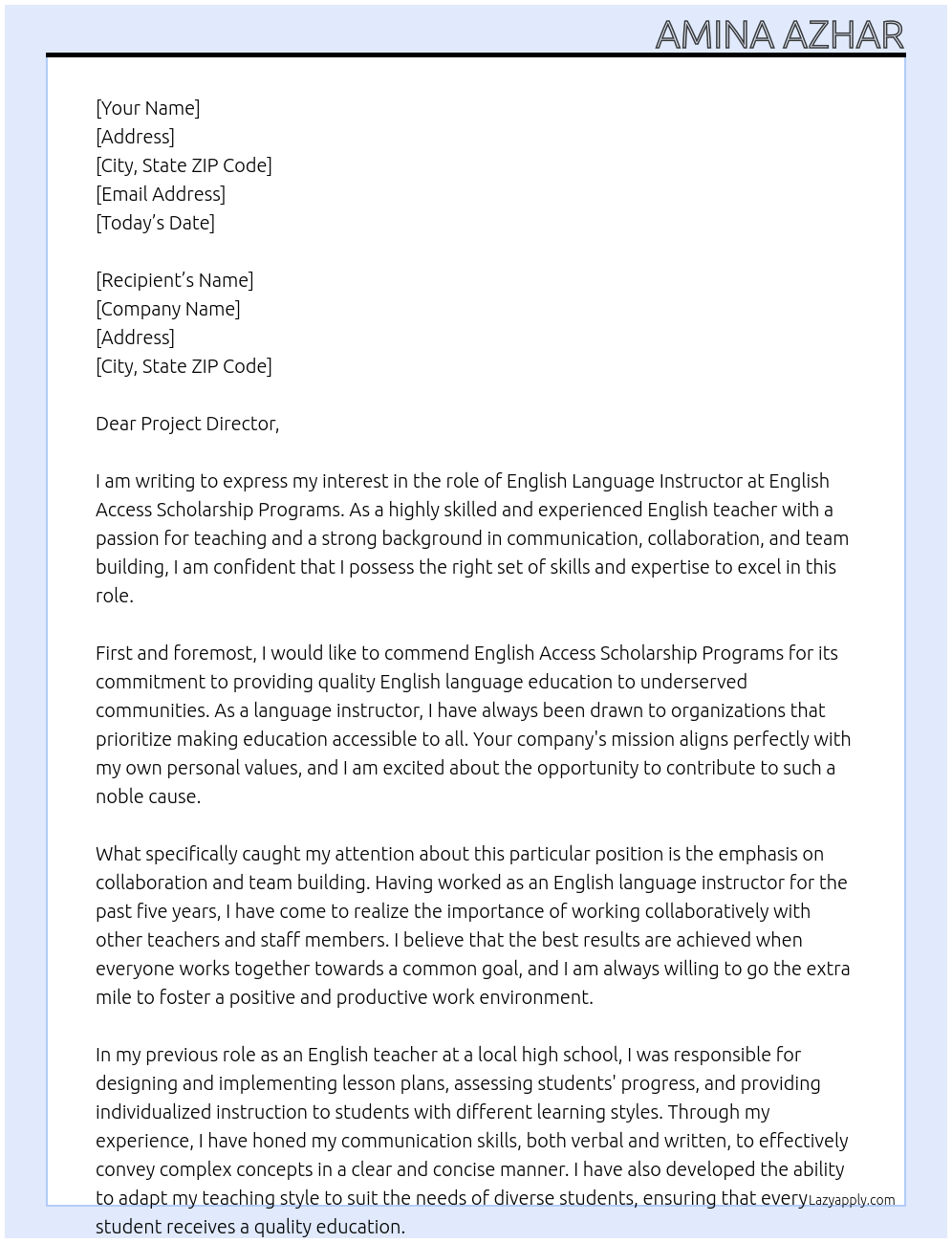 English Language Instructor At English Access Scholarship Programs Cover Letter