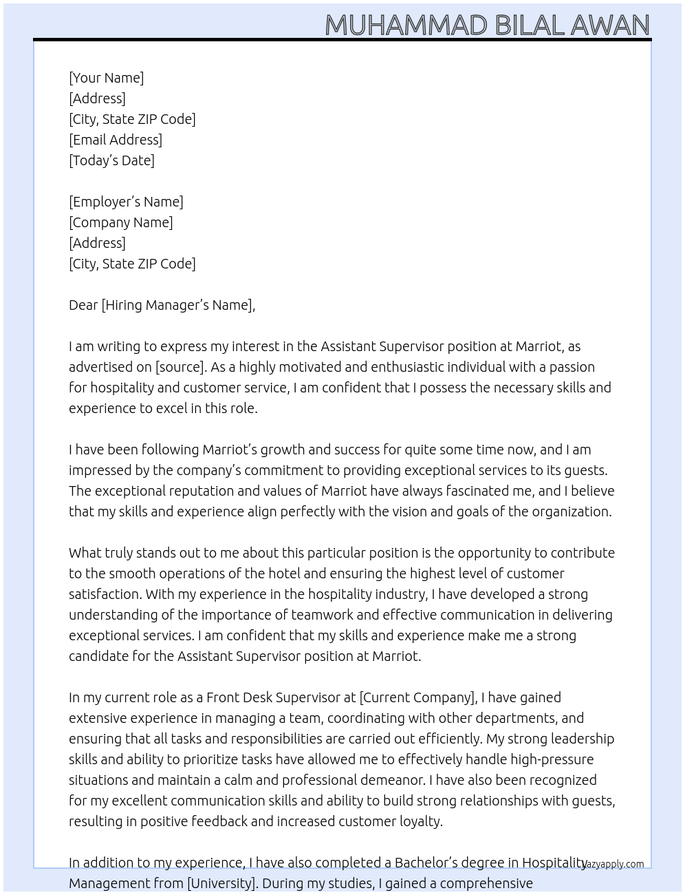 Assistant Supervisor At Marriot Cover Letter