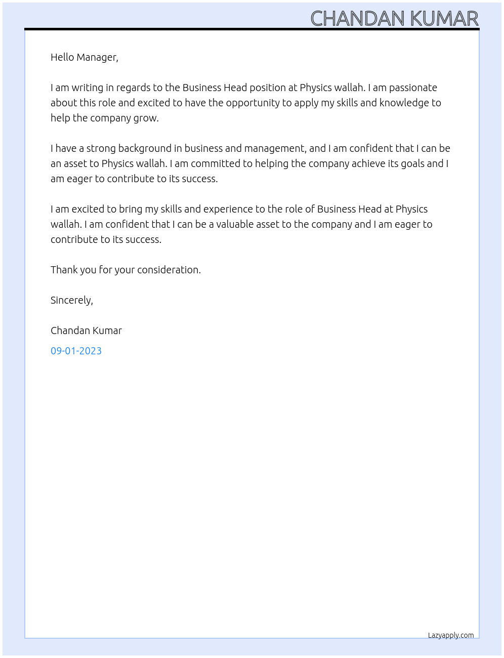 Business Head At Physics wallah Cover Letter