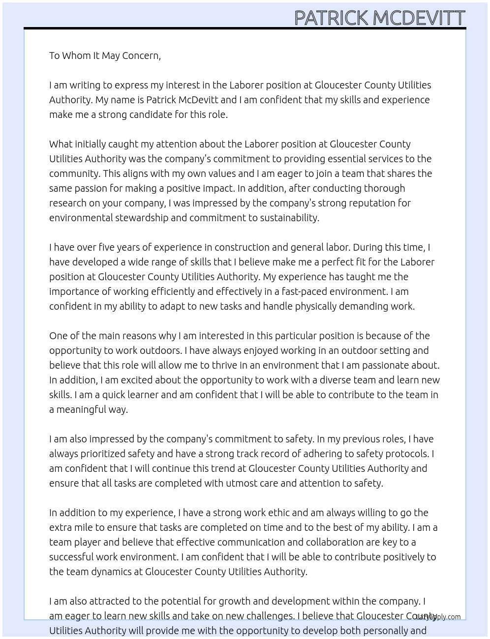 Laborer At Gloucester County Utilities Authority Cover Letter