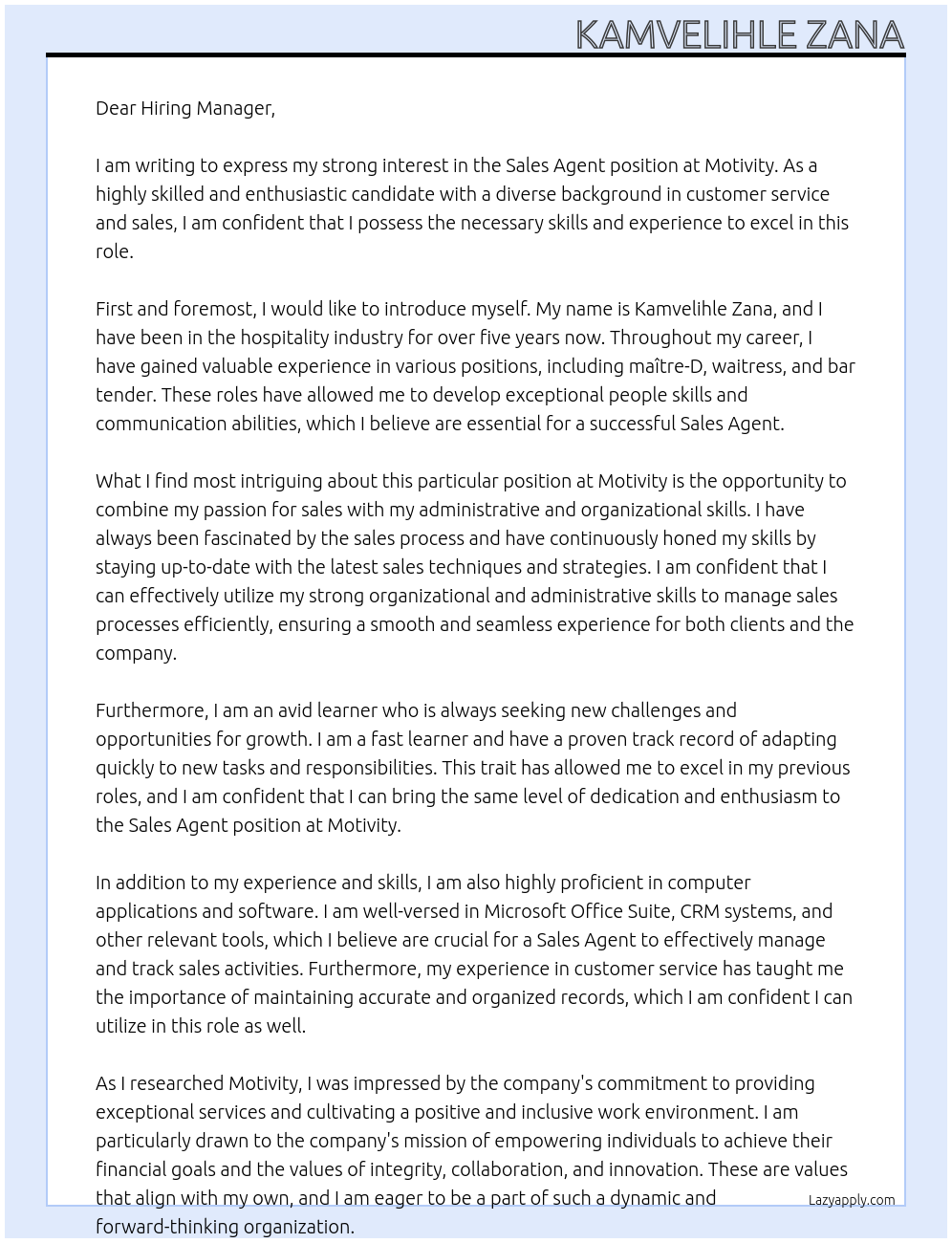 Sales Agent At Motivity Cover Letter