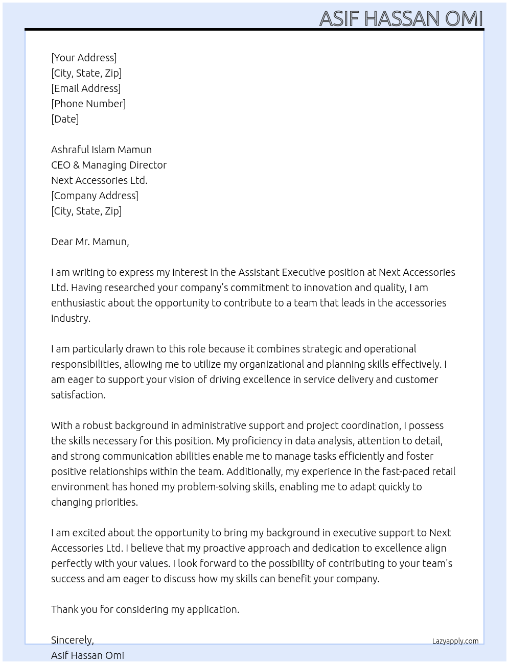 Cover letter for assistant executive - LazyApply