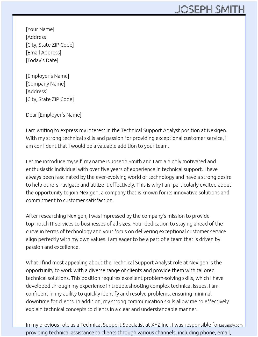 technical support analyst At Nexigen Cover Letter