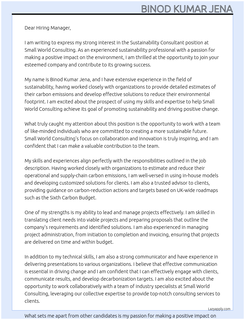 Sustainability consultant At Small world consulting Cover Letter