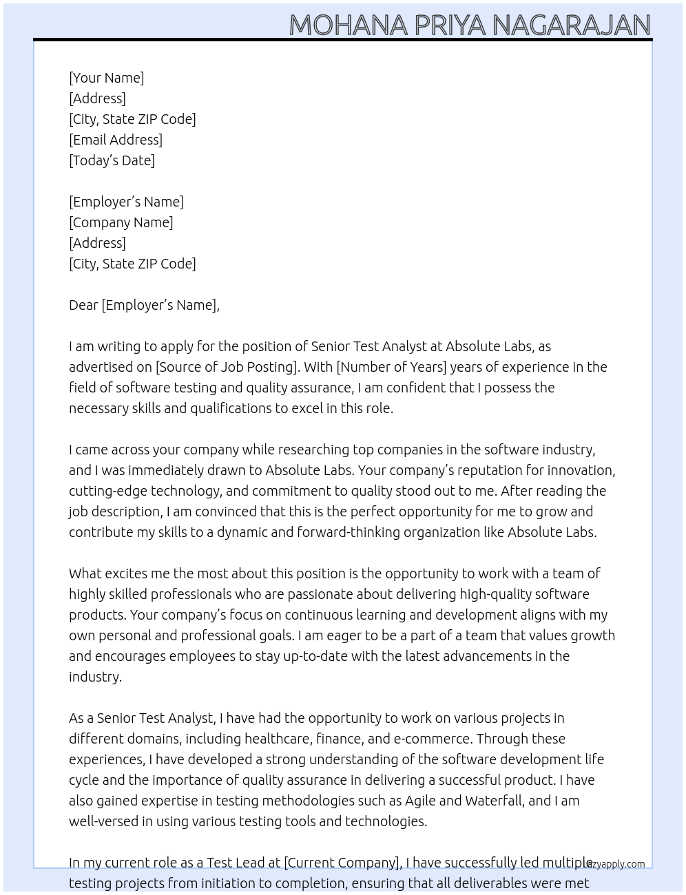 Senior Test Analyst At Absolute Labs Cover Letter