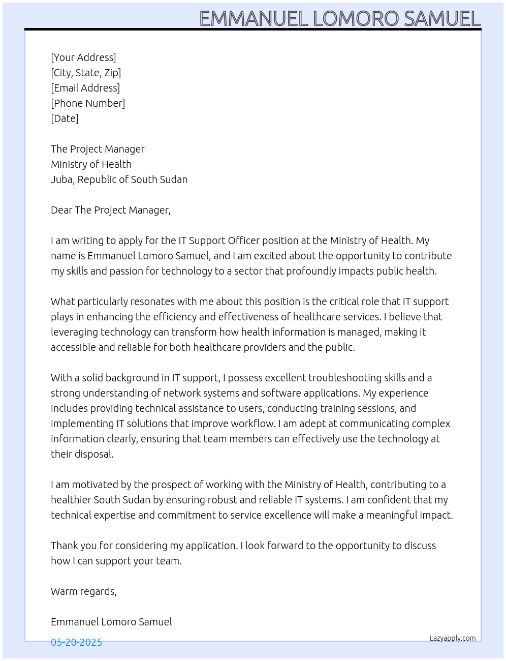 IT Support Officer At Ministry of Health, Juba, Republic of South Sudan Cover Letter